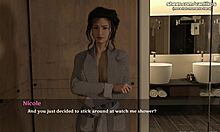 3D 애니메이션 게임에서, 큰 가슴을 가진 계모가 남편을 속여 호텔 샤워 후 어린 남자와 뜨거운 만남을 즐깁니다